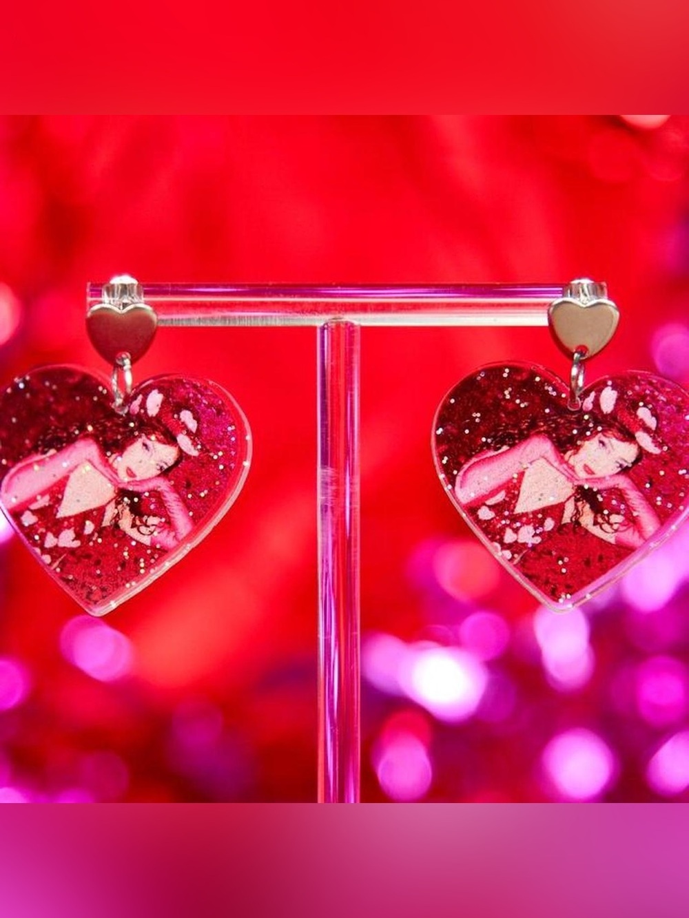 Chappell Roan Heart Shaped Pink Glitter Drop Earrings Concert Outfit Hot to Go